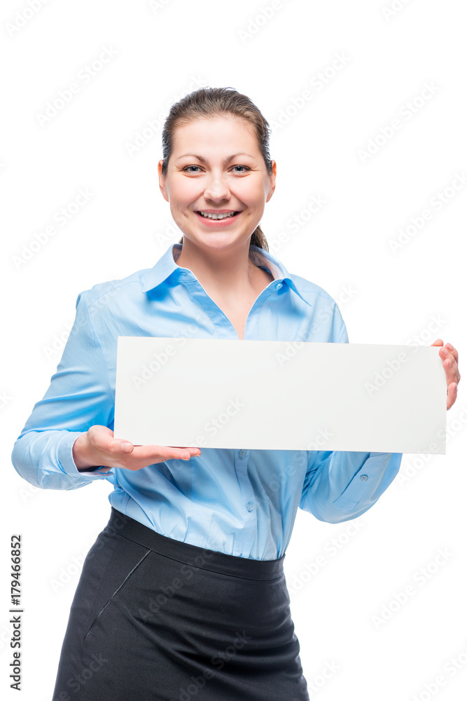 Smiling woman with a poster in a blue shirt on a white background Smiling woman with a poster in a blue shirt on a white background