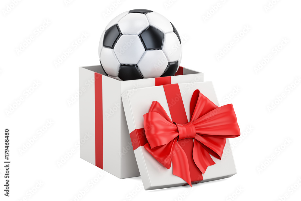 Fototapeta premium Gift concept, soccer ball inside gift box. 3D rendering
