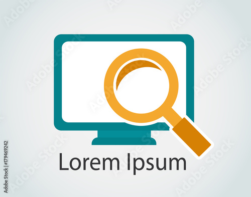 one icon with magnifier and computer monitor on a light background