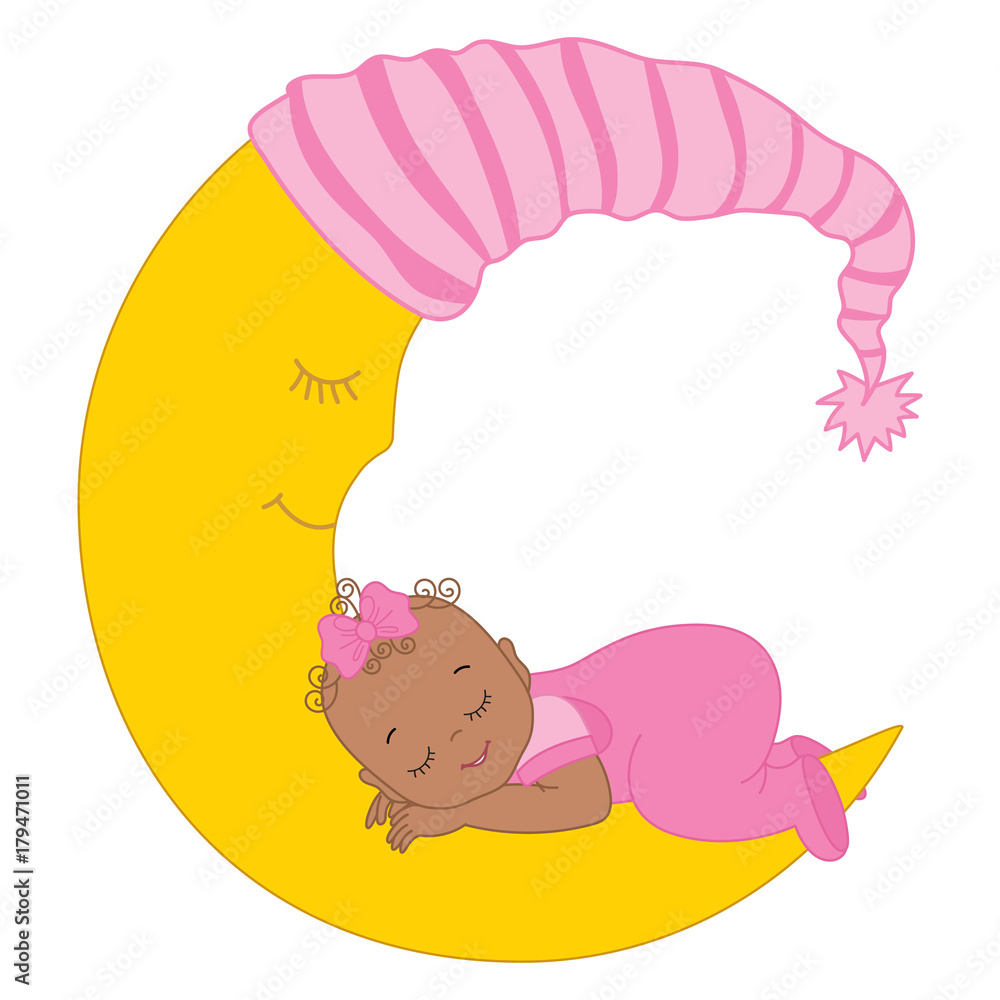 Vector Cute African American Baby Girl Sleeping on the Moon Stock ...
