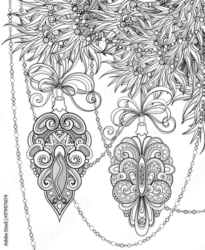 Monochrome Merry Christmas Illustration, Ethnic Motifs. Ball, Bow, Angel Decorations on the Tree. Holiday Background in Doodle Line Style. Coloring Book Page. Vector Contour Art with Realistic Shadows