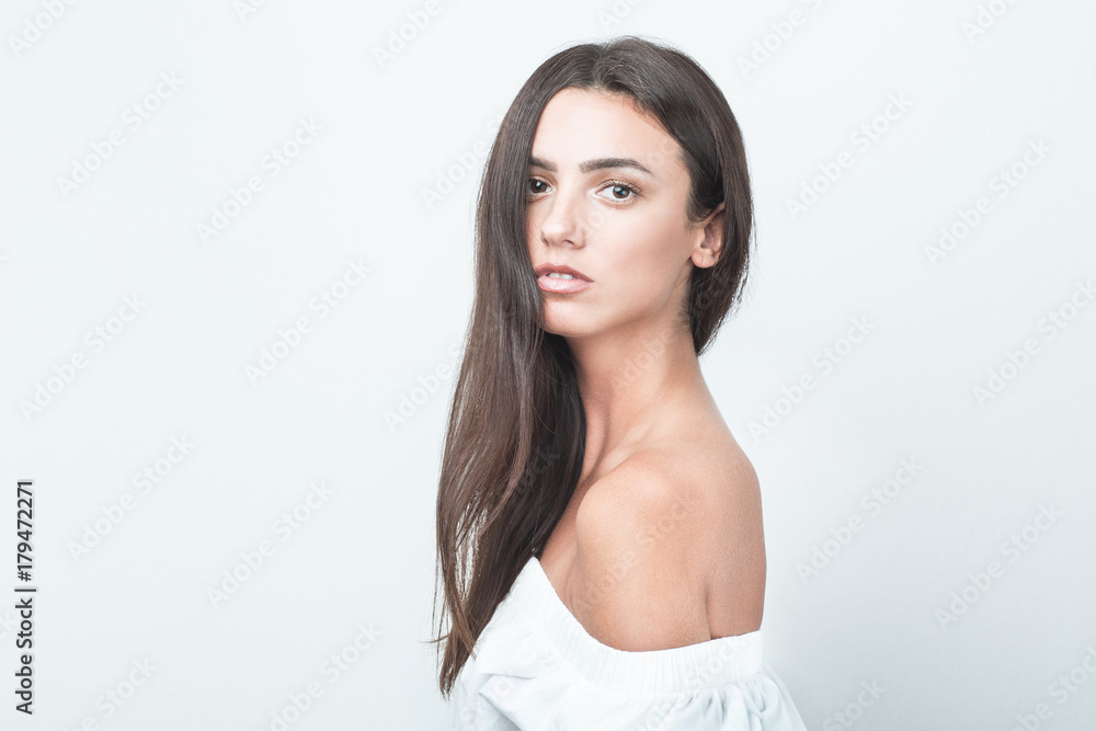 white Caucasian brunette girl female model attractive fit skinny sexy beautiful posing on studio white background portrait white shirt white Caucasian brunette girl female model attractive fit skinny sexy beautiful posing on studio white background portrait white shirt