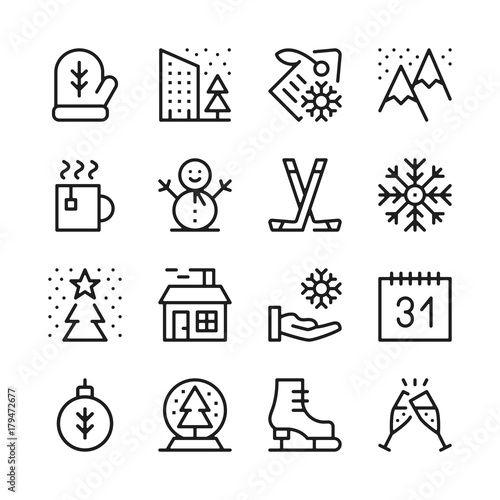Winter season line icons set. Winter activities, objects, holidays concepts. Modern graphic design concepts, black simple outline elements collection. Vector line icons