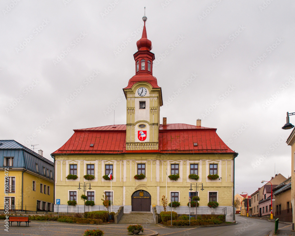 Baroque town hall with clock tower in Hlinsko, Vysocina, Czech Republic.