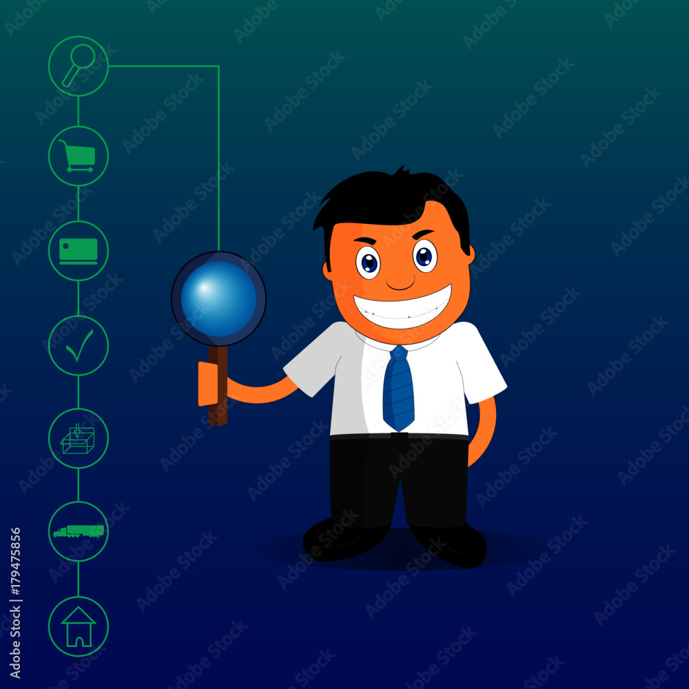 Tienda web online, hombre con lupa para el proceso de búsqueda de de artículos en la compra