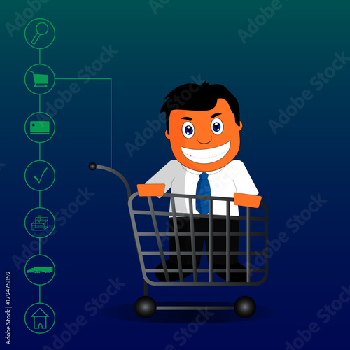 Tienda web online, hombre con carro para el proceso de compra de artículos