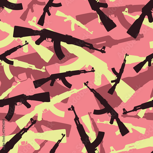 Seamless pink yellow and black assault rifle AK 47 military camouflage pattern vector