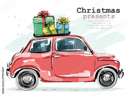 Stylish retro car with Christmas gifts. Hand drawn red car. Sketch. Vector illustration.