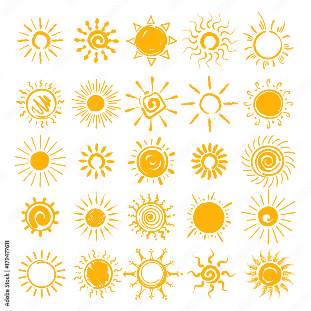 Sun illustration. Vector hands drawn sun icons, doodle cartoon morning  summer sketch suns isolated on white background Stock Vector | Adobe Stock