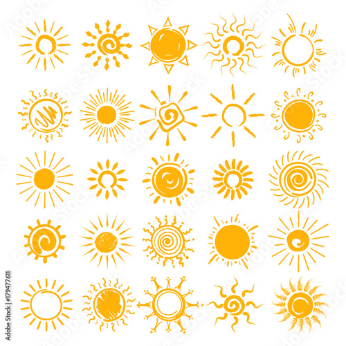Sun illustration. Vector hands drawn sun icons, doodle cartoon morning summer sketch suns isolated on white background