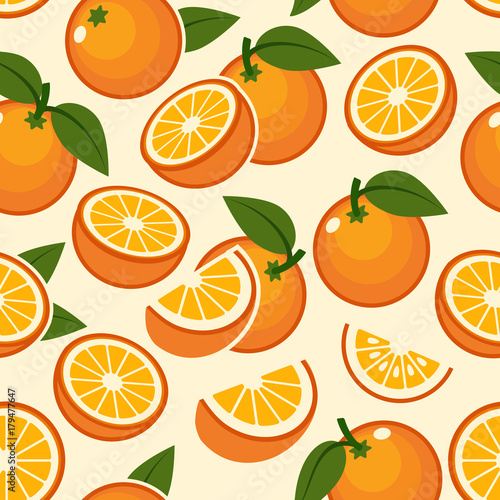 Orange fruit pattern. Sweet sweet vintage beautiful citrus seamless background with yellow juicy oranges vector illustration
