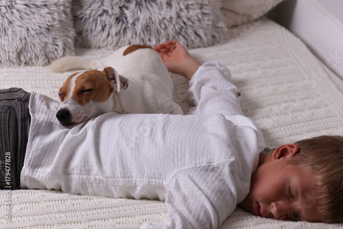 Boy and dog sleeping together. Cozy ,comfy lifestyle