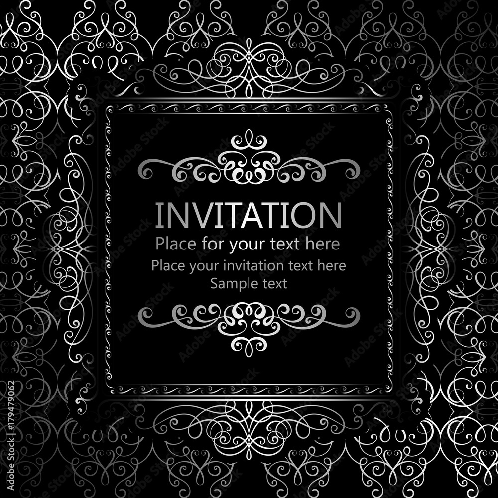 Abstract background with calligraphic luxury silver flourishes and vintage frame, victorian banner,wallpaper ornaments, invitation card, baroque style booklet, fashion pattern, template for design. Abstract background with calligraphic luxury silver flourishes and vintage frame, victorian banner,wallpaper ornaments, invitation card, baroque style booklet, fashion pattern, template for design.