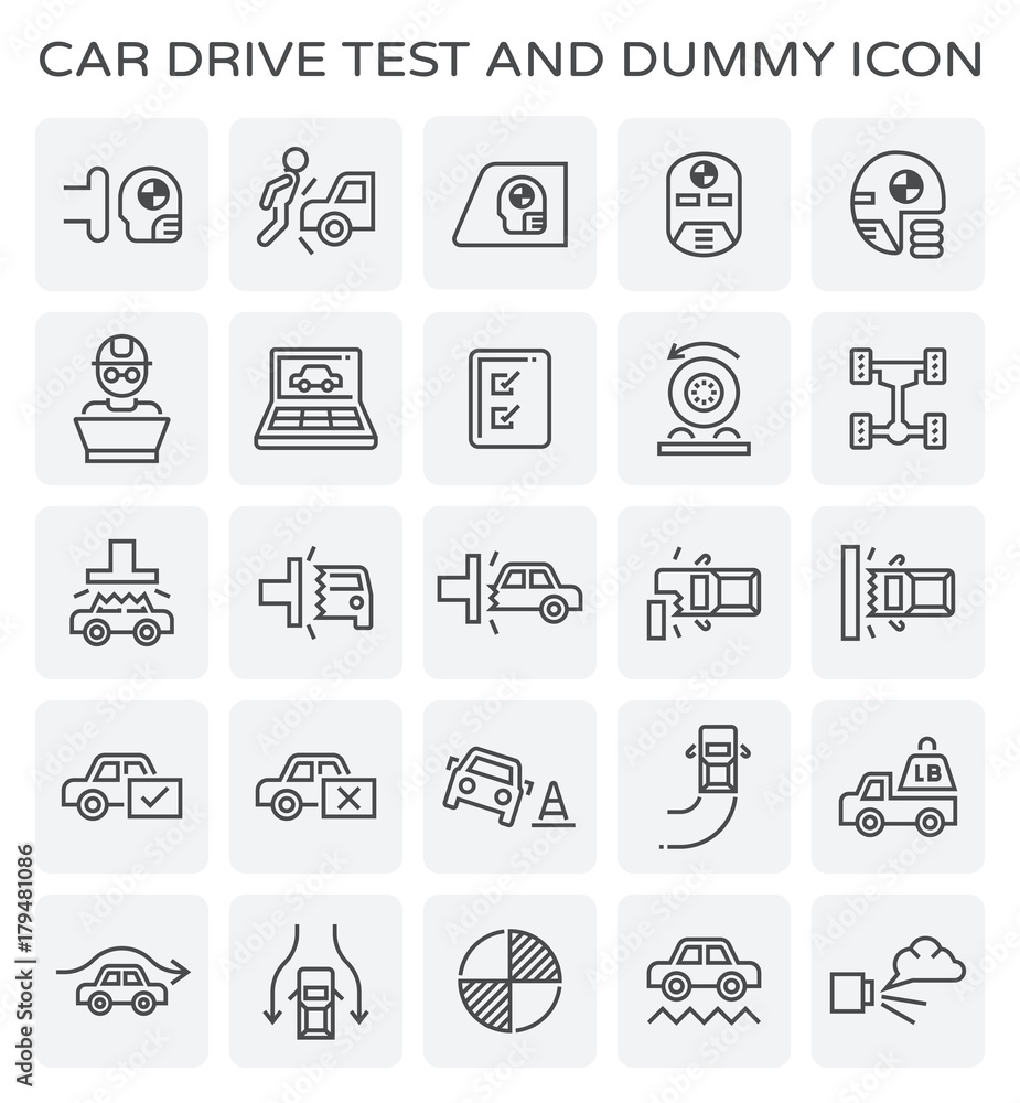 Car test drive and dummy vector icon set. Car test drive and dummy vector icon set.