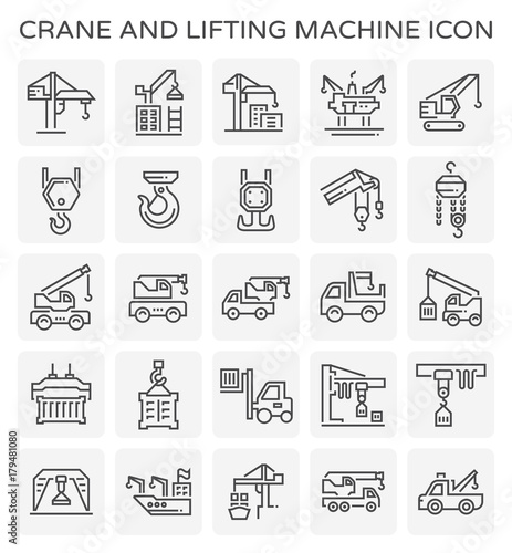 Crane icon or lifting equipment i.e. tower, crawler, wich, mobile, loader, jib, overhead, gantry, container etc.  For industry work i.e. construction, transportation, production, manufacturing etc.