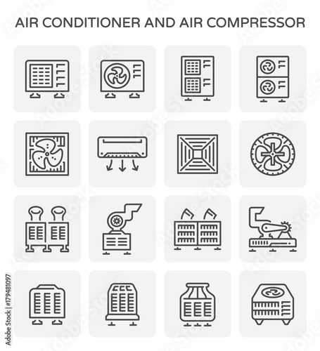 Air conditioner icon i.e. air compressor, condenser unit, ventilation, duct, cooling tower and chiller. That is a part of HVAC system to remove heat and moisture, temperature and humidity control.