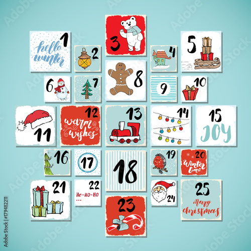 Christmas advent calendar. Hand drawn elements and numbers. Winter holidays calendar cards set design, Vector illustration