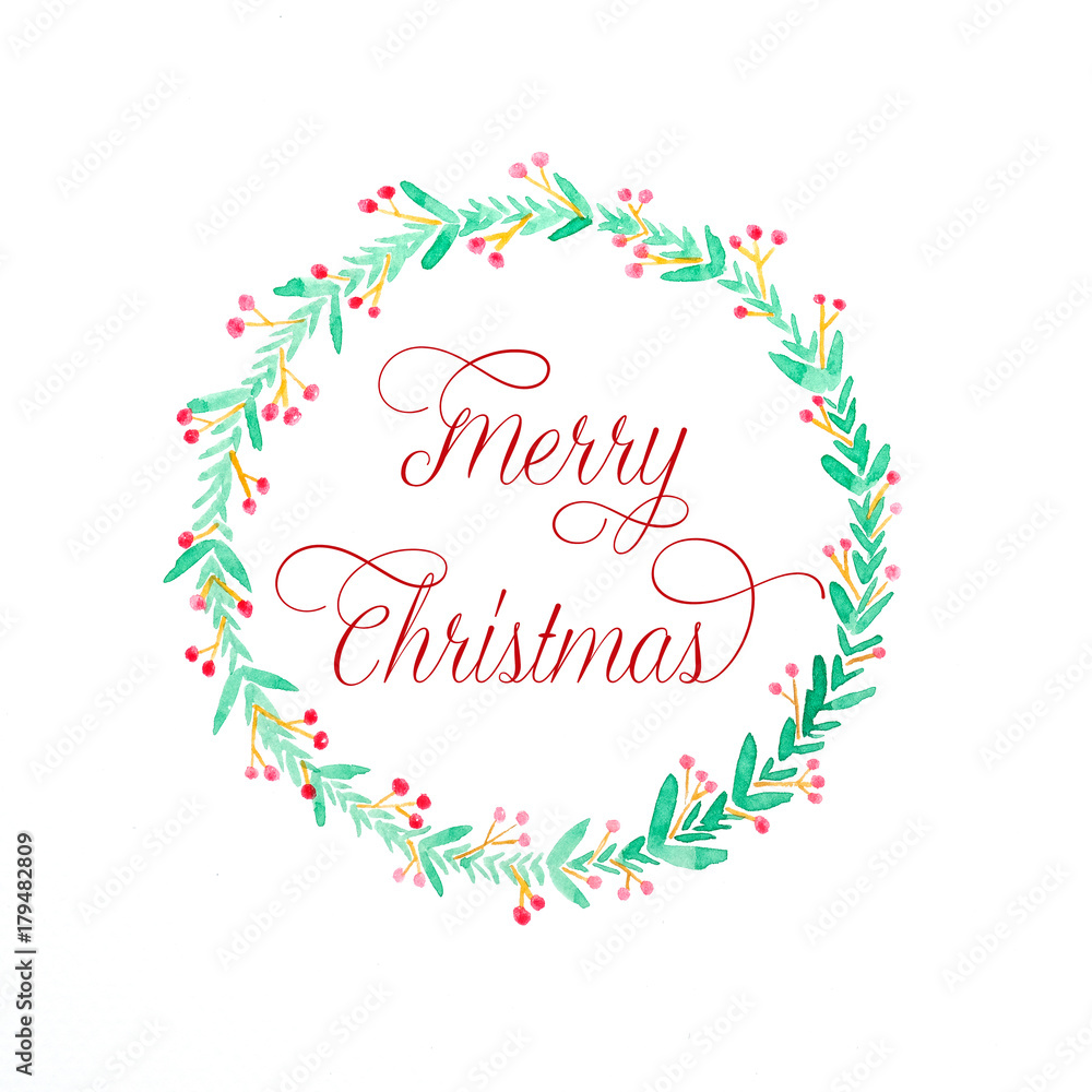 Merry Christmas wreath watercolor drawing on white paper background, Christmas greeting card background