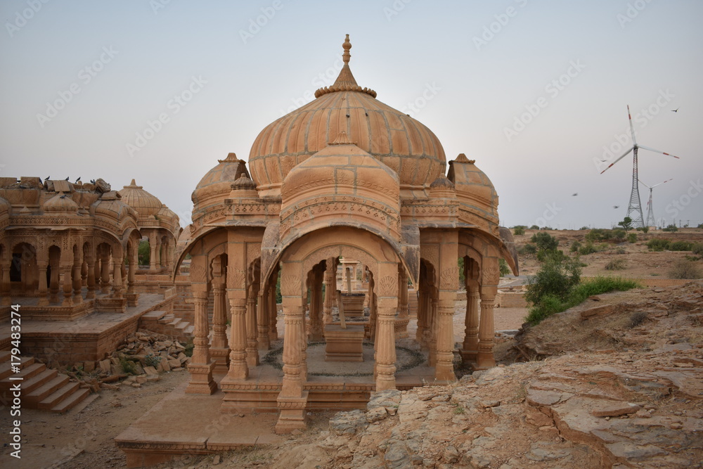 beautiful ancient cenotaphs of rawal kings in bada baagh jaisalmer rajasthan india