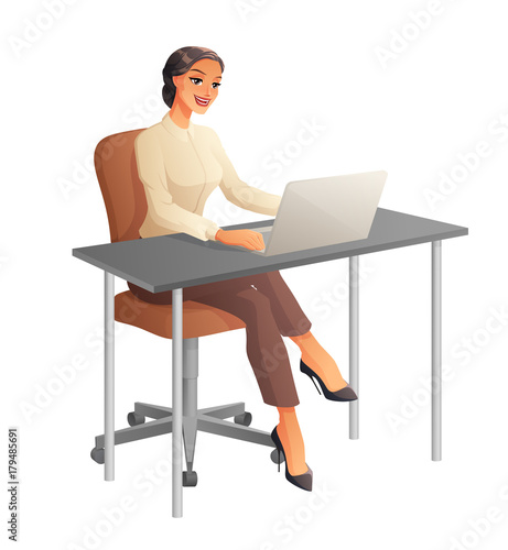 Business woman working on computer. Isolated vector illustration.
