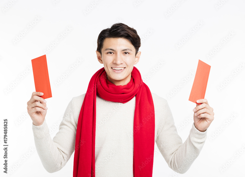 smiling asian man showing the red envelope smiling asian man showing the red envelope