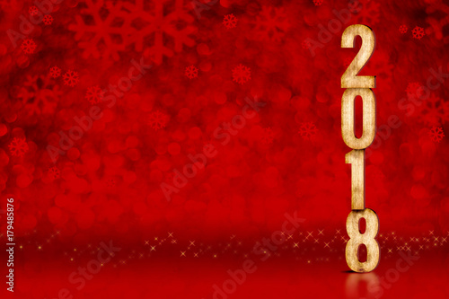 Happy New Year 2018 number at red snowflakes sparkling bokeh lights,Leave space for adding content, Holiday greeting card,3d rendering