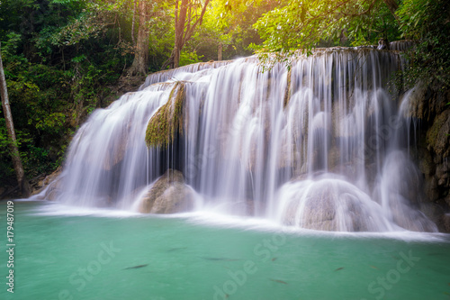 Amazing beautiful waterfalls level two in tropical forest at Erawan Waterfall in Erawan National Park  Kanchanaburi Province  Thailand