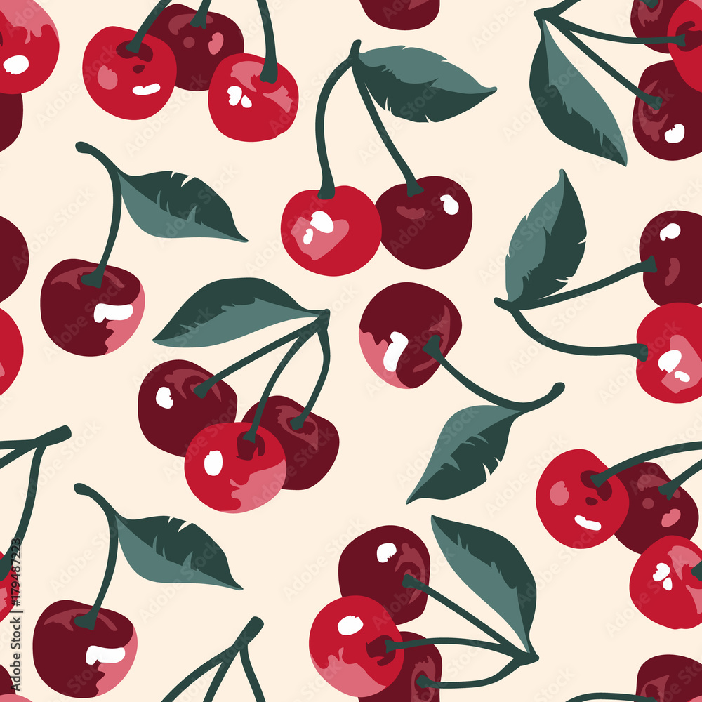 Vector summer pattern with sweet cherries, flowers and leaves. Seamless texture design. Vector summer pattern with sweet cherries, flowers and leaves. Seamless texture design.