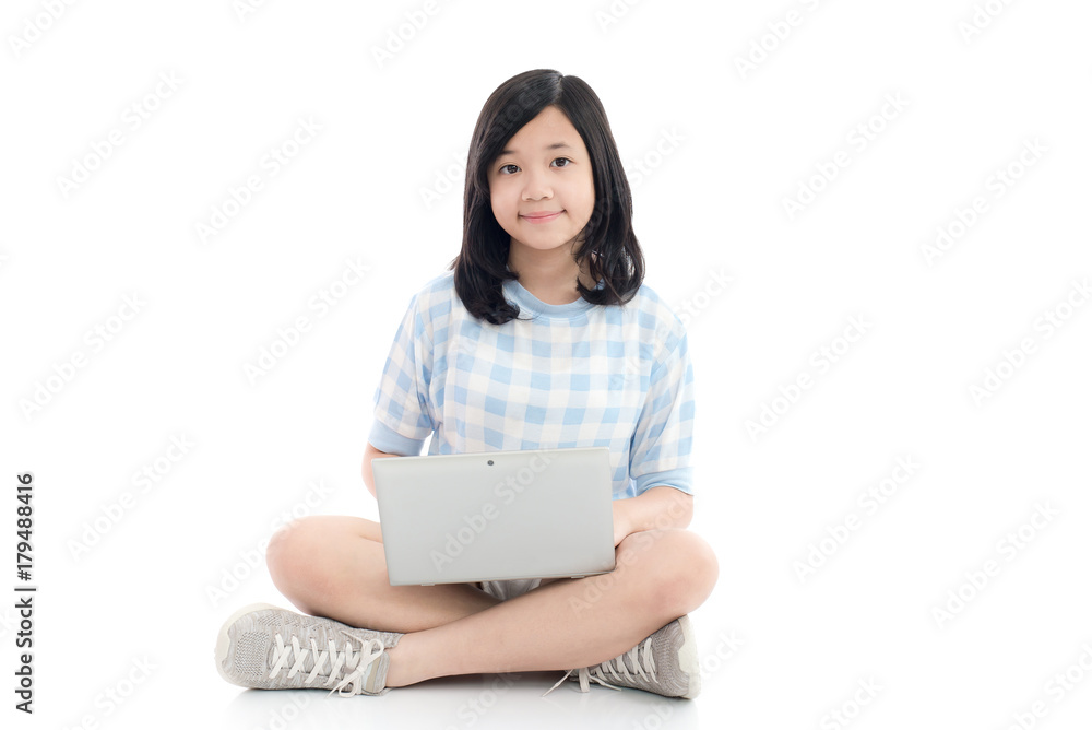 Asian girl with laptop, isolated on white background Asian girl with laptop, isolated on white background