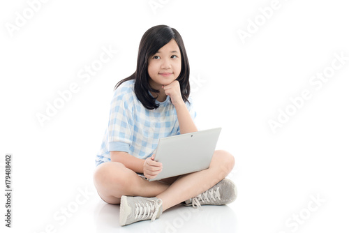Asian girl with laptop, isolated on white background © lalalululala