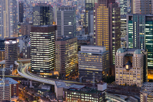 Office building city business downtown night view close up, cityscape background photo