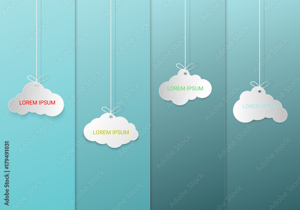 Naklejka premium Speech Bubble or White blank hanging paper clouds. Sales design element, store decoration, price frame, message banner. cloud service technology.