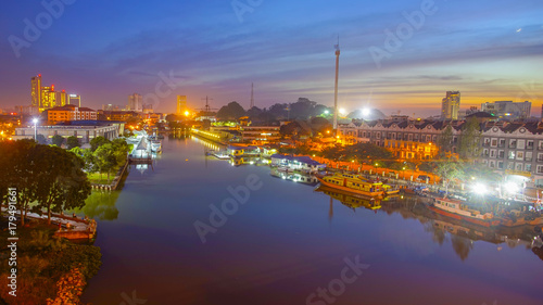 Sunrise view over Malacca River side, Malacca City view on sunrise.