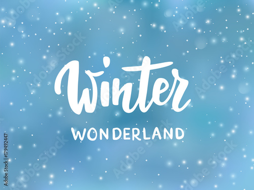 Winter wonderland text, hand drawn brush lettering. Holiday greetings quote. Blue background with falling snow effect. 