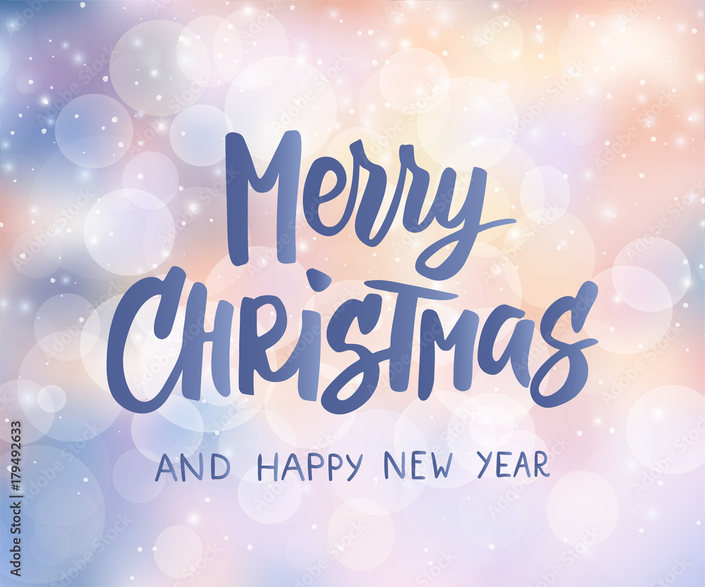 Merry Christmas  and Happy New Year text. Holiday greetings quote. Blurred winter background with falling snow effect