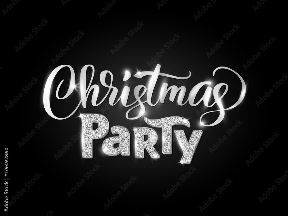 Obraz premium Christmas party hand written lettering on black background. Sparkling glitter silver typography.