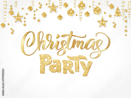 Christmas party poster template, gold on white. Hand written lettering. Isolated golden glitter border, garland with hanging balls and ribbons.