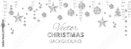 Sparkling Christmas glitter ornaments. Silver fiesta border, festive garland with hanging balls and ribbons isolated on white.