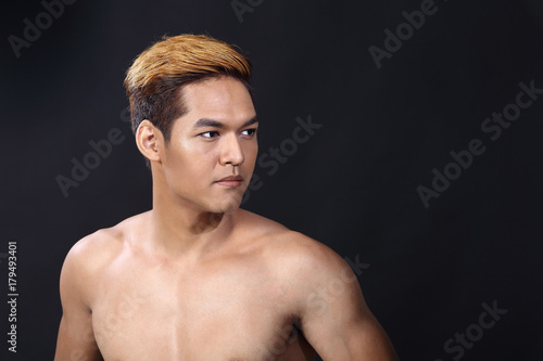 Man sexy face topless male model with Different Shading beautiful Color Hair