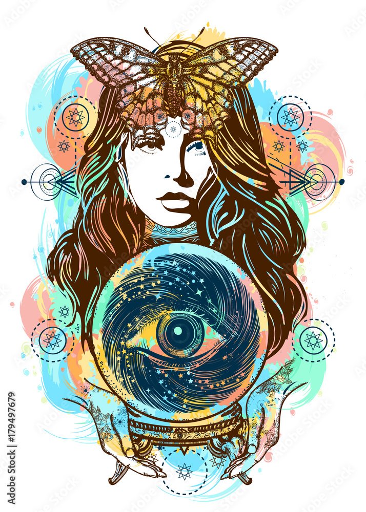 Beautiful witch woman color tattoo and t-shirt design. Magic woman art.  Fortune teller, crystal ball, mystic and magic. All seeing eye of future.  Occult symbol of the fate predictions Stock Vector |