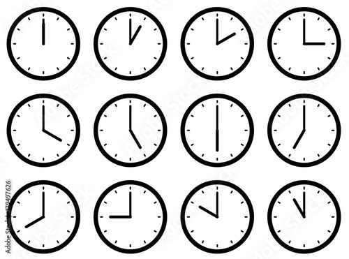 Set of clocks, with the times set at every hour. Vector illustration