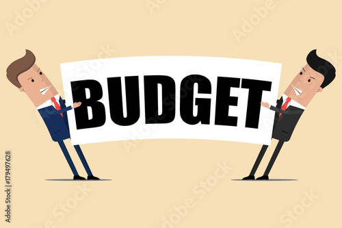 Two businessmen are pulling the budget to each other.  Vector illustration