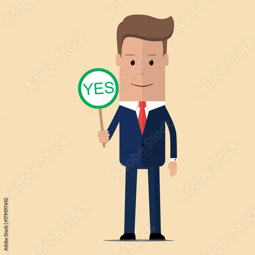 Happy smiling businessman  hold yes sign. Vector illustration