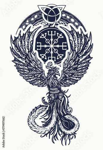 Magic heat birds tattoo and t-shirt celtic design. Symbol of revival, regeneration, life and death. Phoenix bird tattoo celtic style