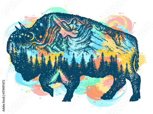 Buffalo bison color tattoo art. Mountain, forest, night sky. Magic tribal bison double exposure animals. Buffalo bull travel symbol, adventure tourism