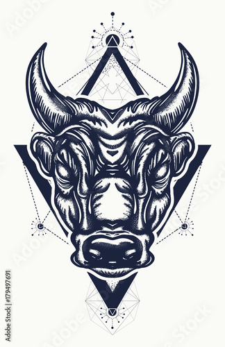 Bull tattoo and t-shirt design. Ancient Rome and ancient Greece concept war t-shirt design. Minotaur, symbol of bravery, fight, hero, army. Bull tattoo art