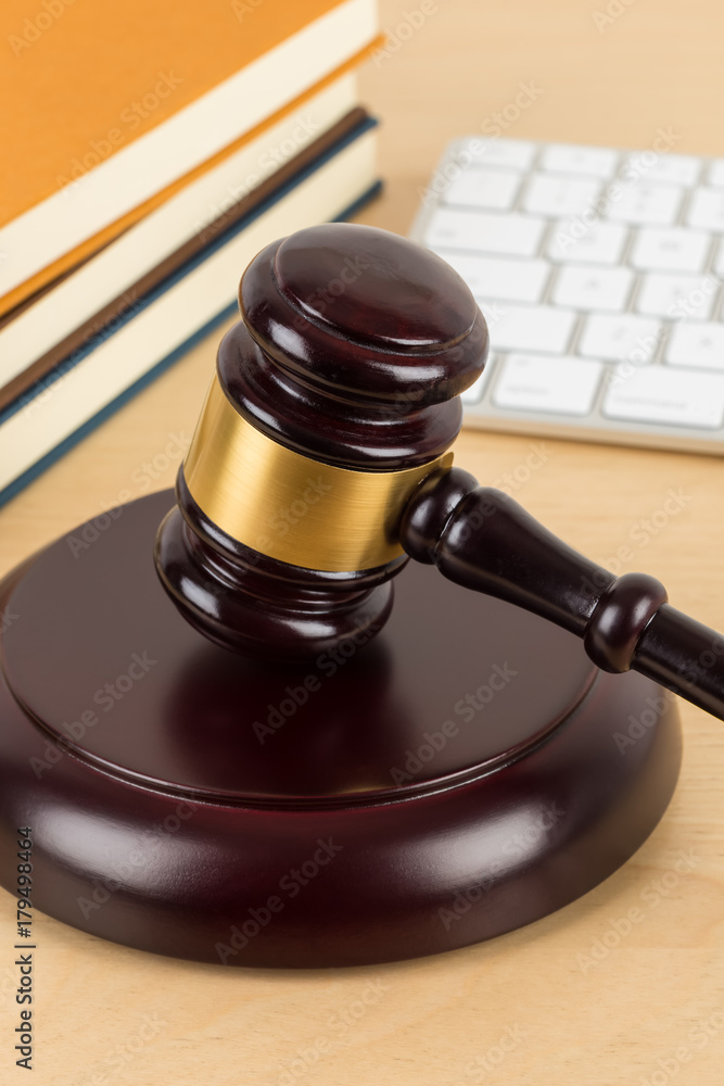 Wooden judge gavel and soundboard with keyboard Wooden judge gavel and soundboard with keyboard
