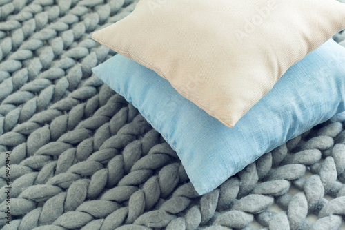 Grey knit giant plaid with pillows photo