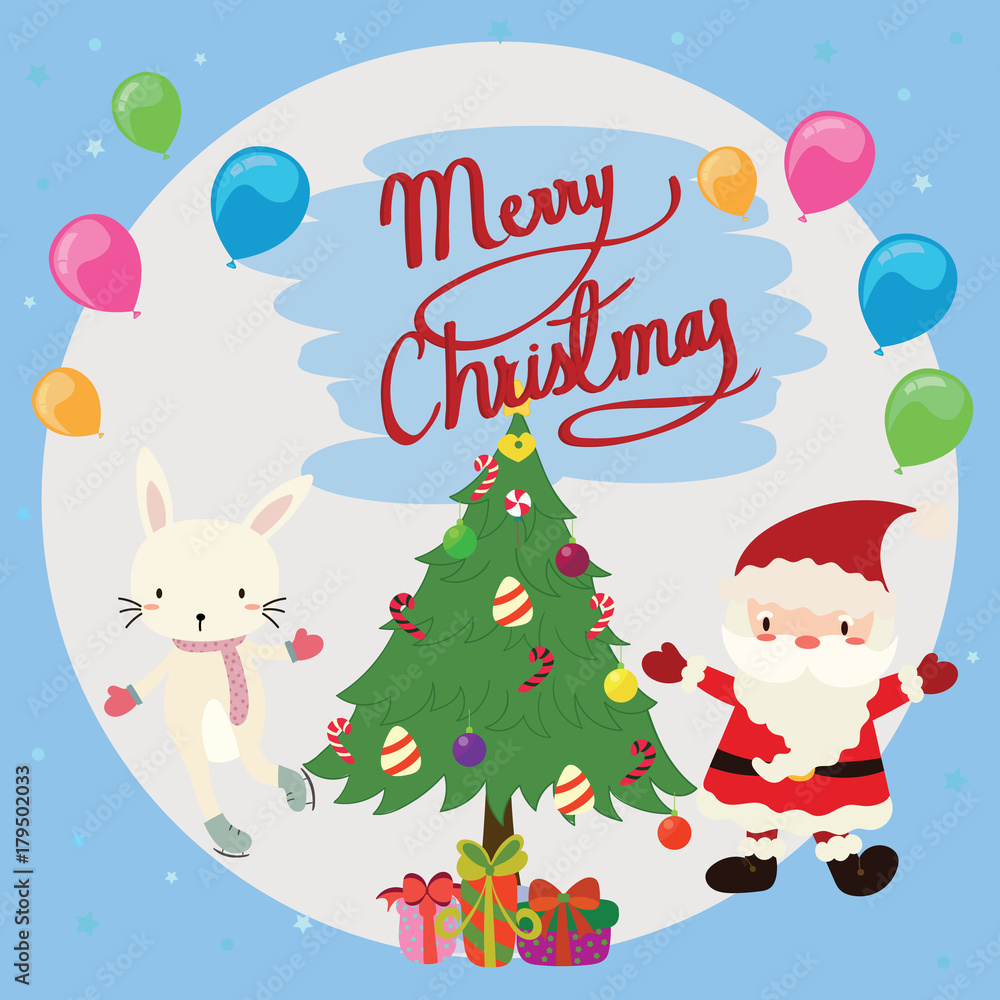 Cute Christmas greeting card with rabbit and Christmas tree.
