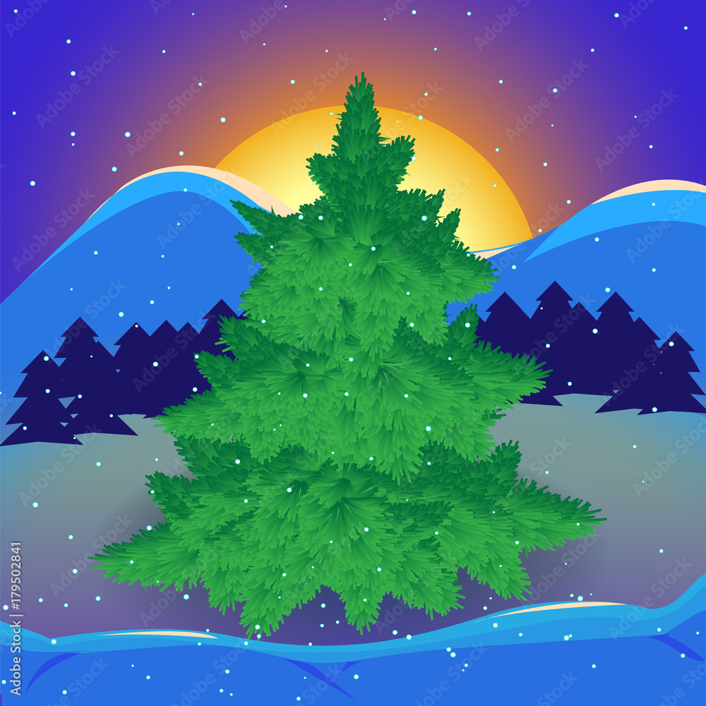 Fototapeta premium Greeting card with Christmas. Green Christmas tree in the winter forest